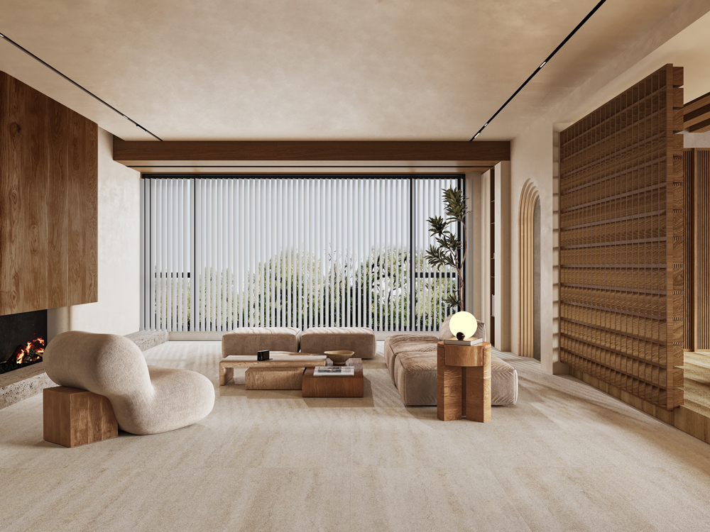 Sala de estar com superfícies minerais e madeira